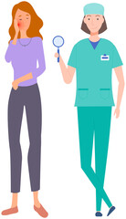 Woman with pain in mouth in consultation with doctor. Dentist consults patient with toothache. Painful sensations of sick person. Female patient touching her cheeck and feeling pain in tooth