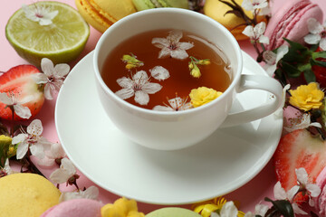 Concept of sweet breakfast on pink background