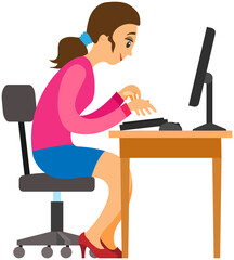 Business lady works at computer in office to finish work before deadline. Working in office and implementation of assign tasks concept. Female character compleing task isolated on white background