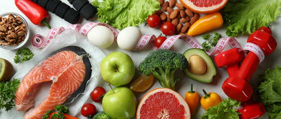 Healthy nutrition concept on white textured background, top view