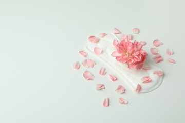 Hygiene pad with flower and petals on white background