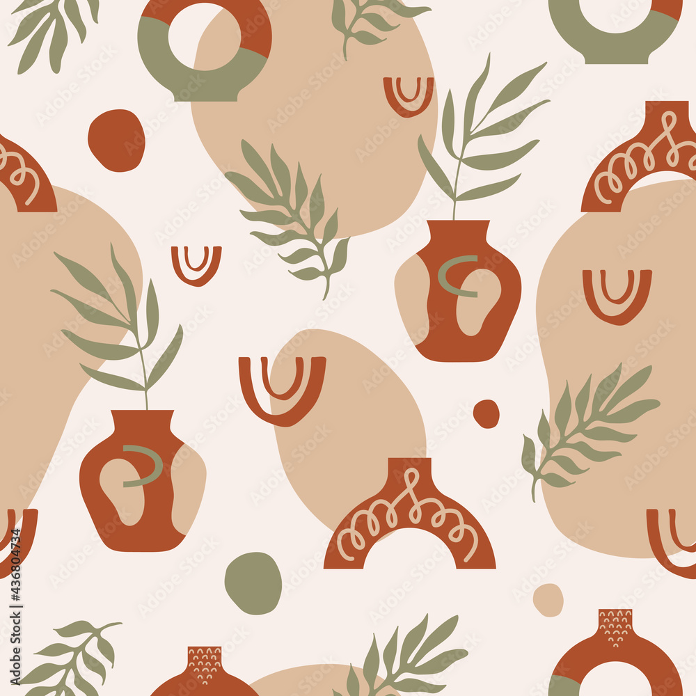 Poster Trendy abstract seamless pattern with plants, vase and organic various doodle shapes on pastel background. Vector illustration in boho style	