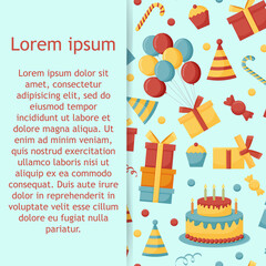 Birthday cream cakes, gift boxes, garlands flat vector seamless pattern. Hand drawn background for a party, holiday 