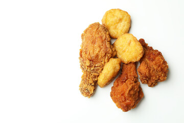 Tasty fried chicken on white background, space for text