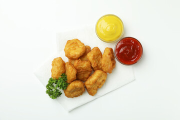Concept of tasty eating with fried chicken on white background