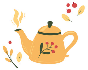 Teapot with tea and berries. Tea time mug teapot and herbs, fruits, ingredients for drinks. Autumn mood, hot tea and berries. Kettle tea teapot with berries and vitamins. Cozy vector illustration.