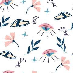 Seamless pattern with magic eyes and flowers. Evil eyes background. Magic, witchcraft, occult symbol, Halloween decor. For Fabric, textile, giftware, wallpaper. Vector flat illustration.