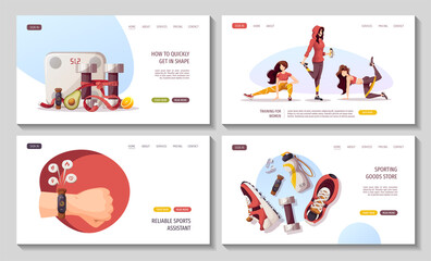 Obraz na płótnie Canvas Set of web pages with women doing fitness training. Sport, Workout, Healthy lifestyle, Gym, Fitness, Training, Sports gadget concept. Vector illustration for poster, banner, advertising, website.