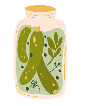 Pickles in jar, isolated jar of pickled cucumbers. Fermented veggies. Marinated vegetables in can, homemade production full of probiotics. Crunch gherkin with salt. Organic product. Vector