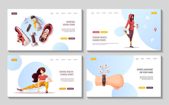 Set of web pages with women doing fitness training. Sport, Workout, Healthy lifestyle, Gym, Fitness, Training, Sports gadget concept. Vector illustration for poster, banner, advertising, website.
