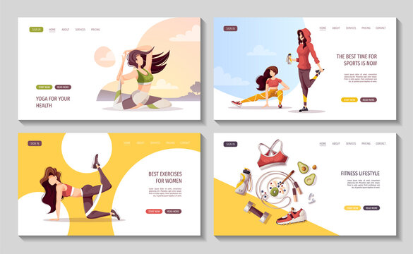 Set of web pages with women doing fitness training. Sport, Workout, Healthy lifestyle, Gym, Fitness, Training, Yoga concept. Vector illustration for poster, banner, advertising, website.