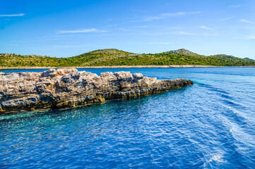 Fototapeta na wymiar Beautiful landscape of Mediterranean Sea, rocks and islands in the sea, Croatia. Vacation travel destination.