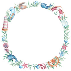 Watercolor hand-drawn frame with sea and marine elements in green, bleu and red colors
