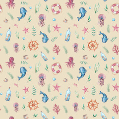 Watercolor hand-drawn pattern with sea and marine elements in green, bleu and red colors