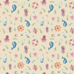 Watercolor hand-drawn pattern with sea and marine elements in green, bleu and red colors