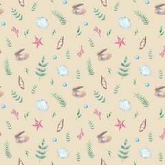 Watercolor hand-drawn pattern with sea and marine elements in green, bleu and red colors