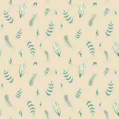 Watercolor hand-drawn pattern with sea and marine elements in green, bleu and red colors