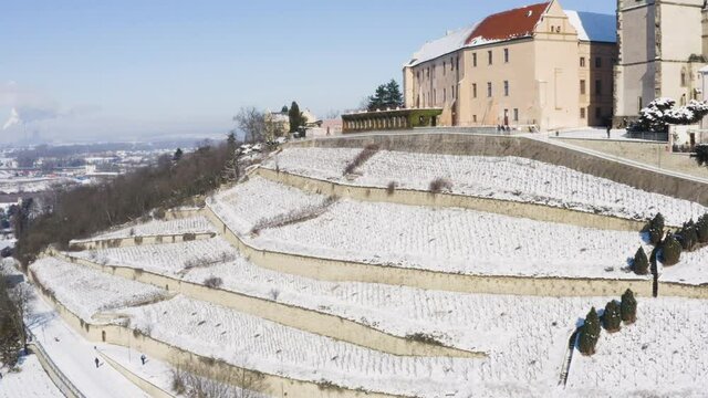 Aerial view of church vineyard terraces covered with winter snow.