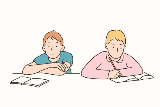 One student has a book open and has a blank expression, while the other is studying hard. hand drawn style vector design illustrations. 