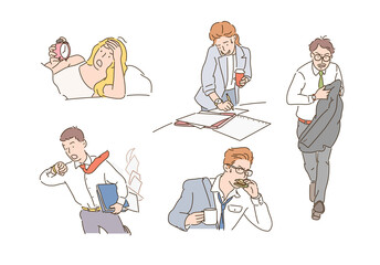 Business people are busy looking at the clock. hand drawn style vector design illustrations. 