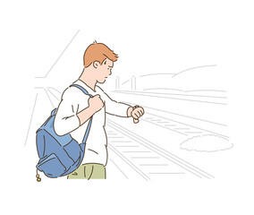 A man is looking at his watch while waiting for the subway. hand drawn style vector design illustrations. 