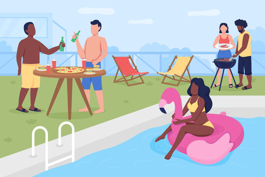 Swimming pool party flat color vector illustration. Summer party in backyard. Friends and family meeting outdoor. Summer gathering. Resting teens 2D cartoon faceless characters with pool on background