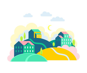 Urban Landscape or Cityscape with Houses, Hills and Trees Vector Illustration