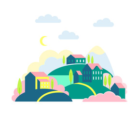 Naklejka premium Urban Landscape or Cityscape with Houses, Hills and Trees Vector Illustration