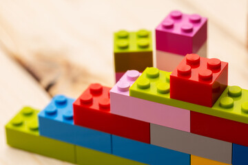 Colorful plastic toy building kit details close up