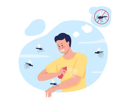 Keeping Mosquitoes Away While Summer Camping 2D Vector Isolated Illustration. Insect Repellent Use. Stressed Man Flat Character On Cartoon Background. Applying Mosquito Spray Colourful Scene