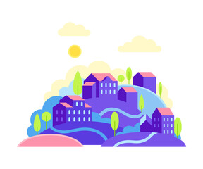 Naklejka premium Cityscape or Urban Landscape with Scattered Houses and Hills with Trees Vector Illustration