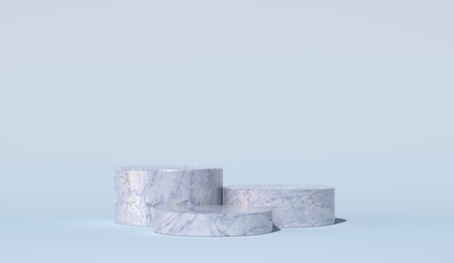 The podium is made of blue marble. The background is a pastel color. Three platforms for mockup. Stone pedestals for displaying cosmetics. 3D rendering