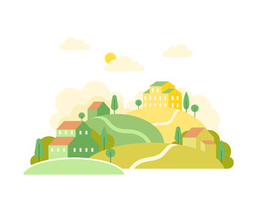Fototapeta premium Local Landscape with Urban Houses, Hills and Trees as Cozy Scenery of Neighborhood Vector Illustration