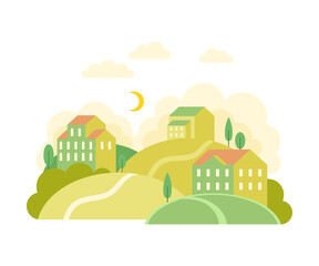 Obraz na płótnie Canvas Local Landscape with Urban Houses, Hills and Trees as Cozy Scenery of Neighborhood Vector Illustration