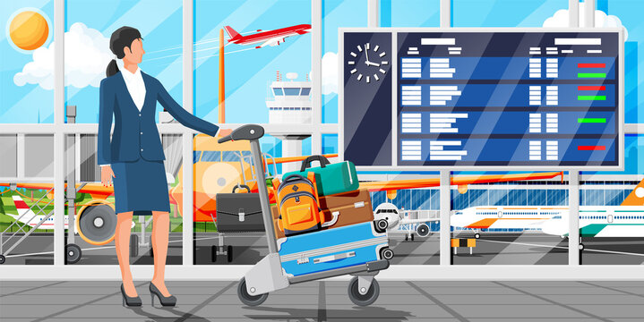 Woman And Hand Truck Full Of Bags In Terminal Interior. Arrival Departure Board. Airport Luggage Trolley. Hand Cart. Handcart For Baggage Or Luggage. Transportation Equipment. Flat Vector Illustration