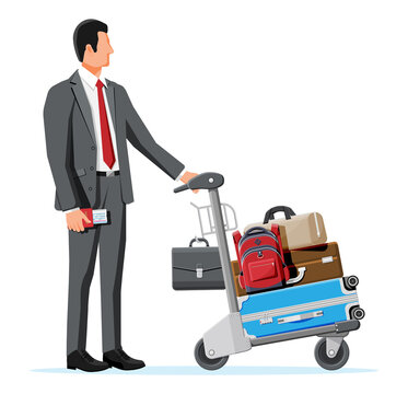 Man And Hand Truck Full Of Bags Isolated On White. Metal Airport Luggage Trolley Icon. Hand Cart. Handcart For Baggage Or Shopping. Transportation Equipment. Cartoon Flat Vector Illustration