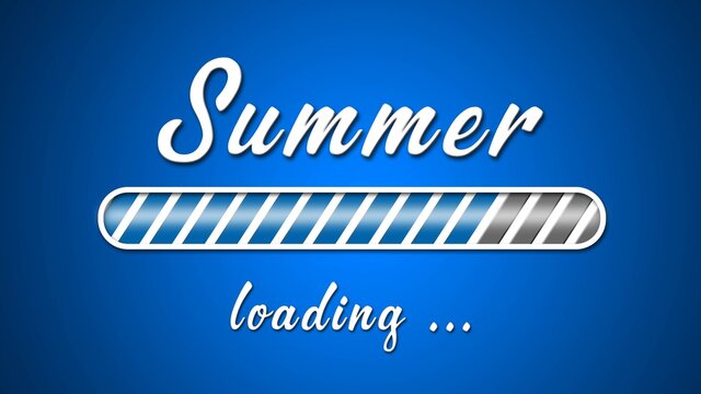 Loading summer greeting card - white lettering and loading bar on blue background in light effect - 3D Illustration