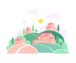 Green Hills with Local Houses as Cozy Cityscape or Urban Landscape Vector Illustration