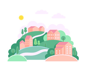 Green Hills with Local Houses as Cozy Cityscape or Urban Landscape Vector Illustration