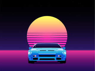 Synthwave, retrowave outrun style 80s poster with blue chrome retro super car over dark background with striped sun on the horizon. - obrazy, fototapety, plakaty