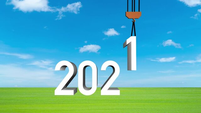 2021-2022 New change. Professional video 4k. 2021-2022 Text New Year Change. On Meadow green land Sunrise sky Time lapse Background.