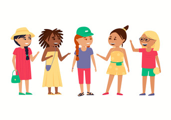Girls of different ethnic groups on a white background. African Americans, Asians and Europeans at the summer camp. Girlfriends spend their summer holidays together. Flat vector illustration.