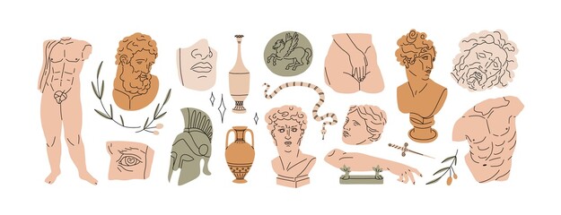 Set of abstract ancient Greek classic statues and sculptures, drawn in modern style. Design elements in aesthetic of antique Greece. Flat graphic vector illustration isolated on white background