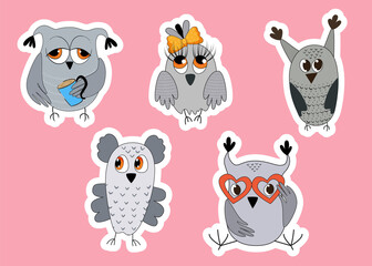 Cute Owl stickers in doodle style. Vector illustration.