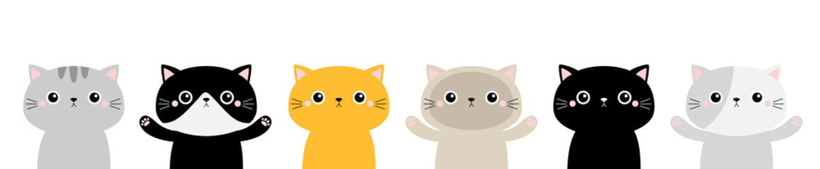 Cat face head icon set line. Kitten silhouette. Different breeds. Cute funny kawaii cartoon baby character. Happy Valentines Day. Notebook sticker print template. Flat design. White background.