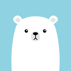 Fototapeta premium White polar bear cub face. Arctic animal. Cute cartoon kawaii funny baby character. Hello winter. Merry Christmas. Happy New Year. Flat design. Blue background.