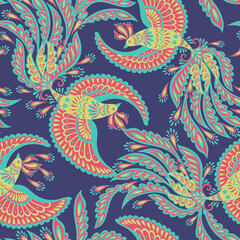 vector seamless pattern with Flying Bird. Damask style Vintage illustration