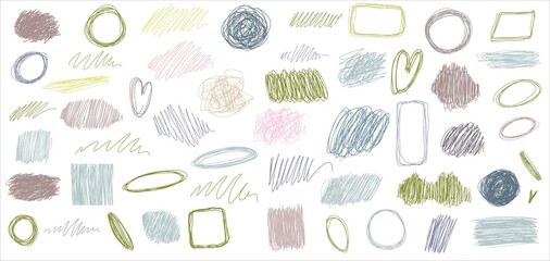 Pencil drawing. A set of elements for design: strokes, frames, spots, stripes, lines, scribbles. Pastel colors. Empty space for text. Vector