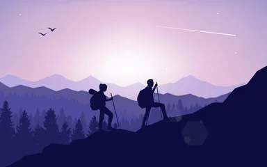 Fototapeten Lila A couple of travelers climb to the top mountain. Abstract landscape, Polygonal landscape illustration, Minimalist style, Flat design. Travel concept of discovering, exploring. Adventure tourism.  © Yurii