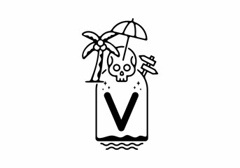 Black line art illustration of skull beach with V initial letter